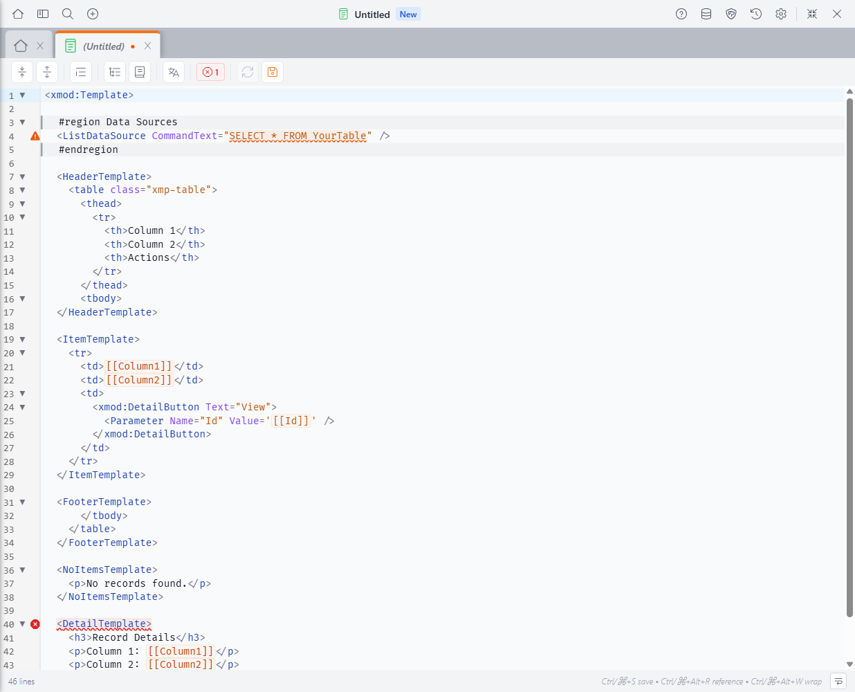 The View Editor open with the default boilerplate code for a new view
