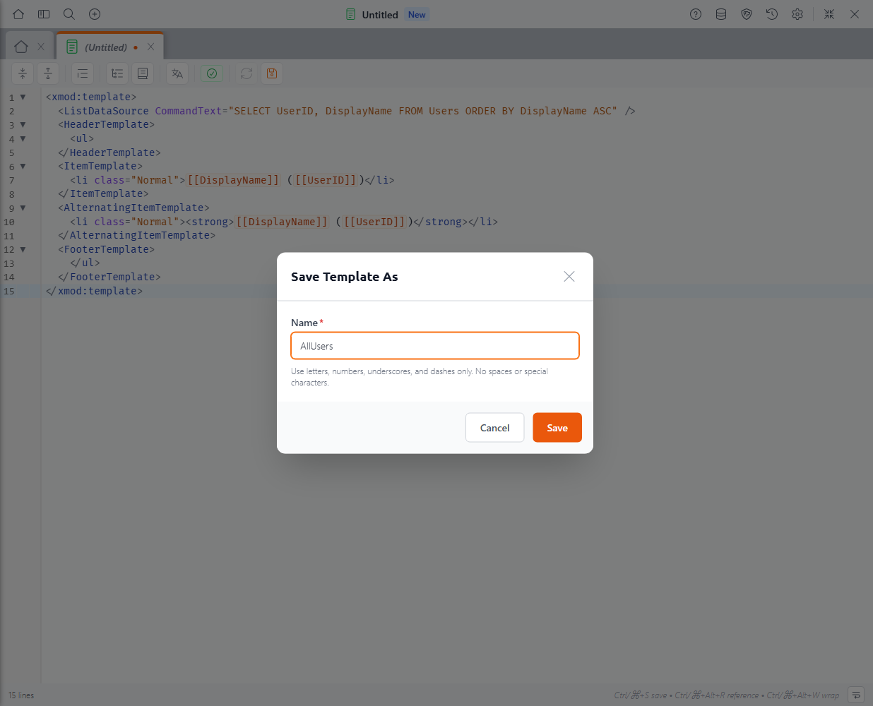 The Save dialog with the view named AllUsers