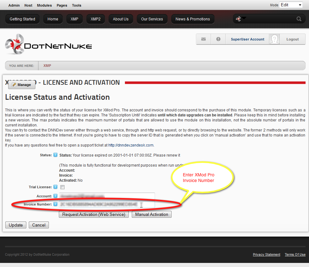 Enter the XMod Pro License Invoice Number in the Invoice Number Field