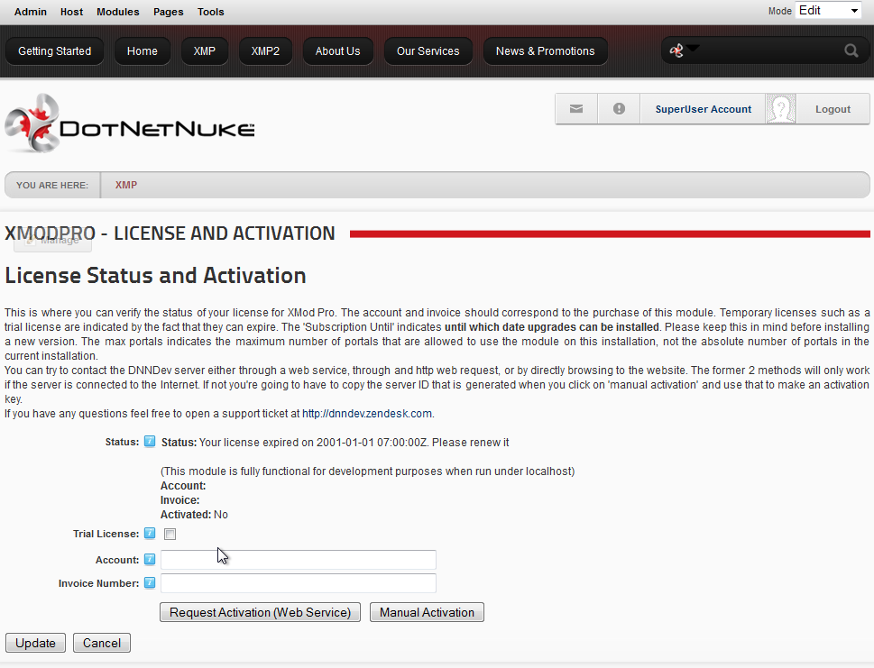 DNN 6 License and Activation Page