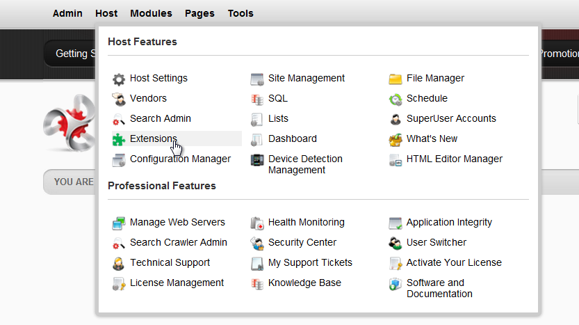 Go to the Host Menu and select Extensions