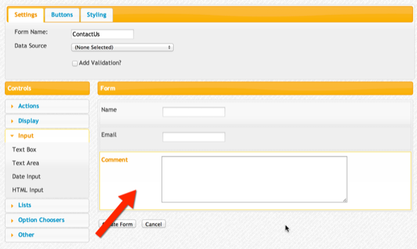 Form canvas with Name, Email, and Comment controls