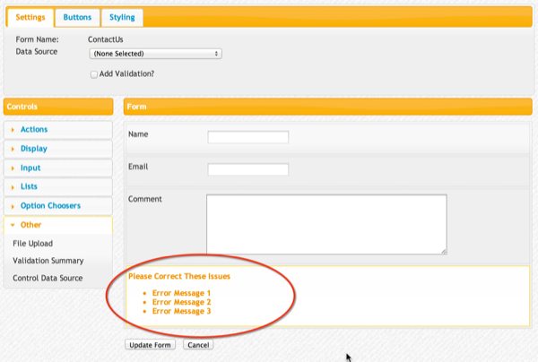 The Validation Summary in the Form Canvas