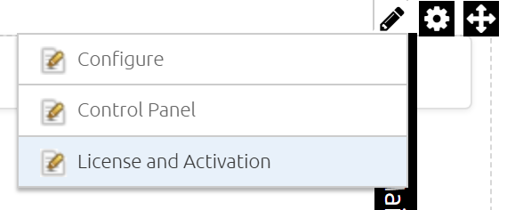 Actions menu showing the License and Activation option