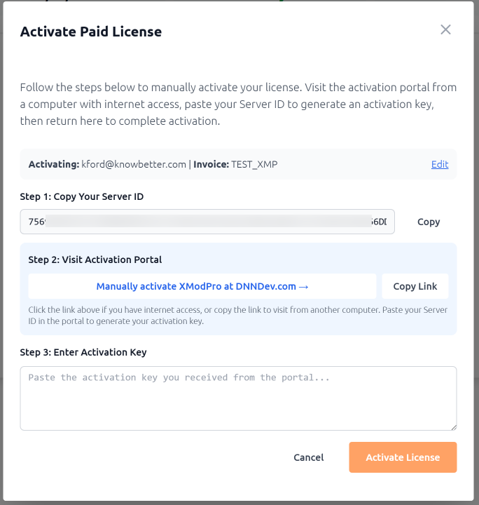 The manual activation dialog