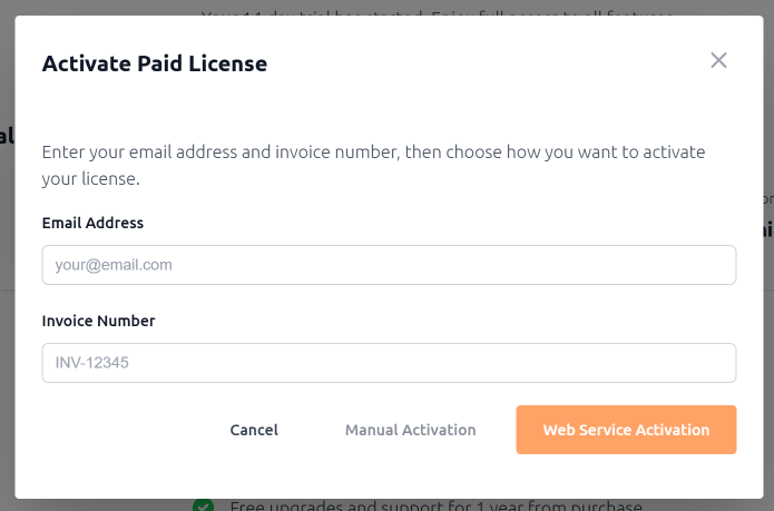 The paid activation dialog
