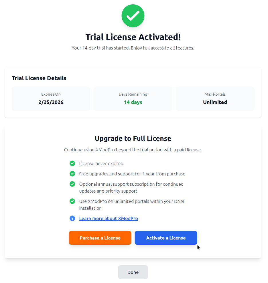 Trial license activated with details and upgrade options