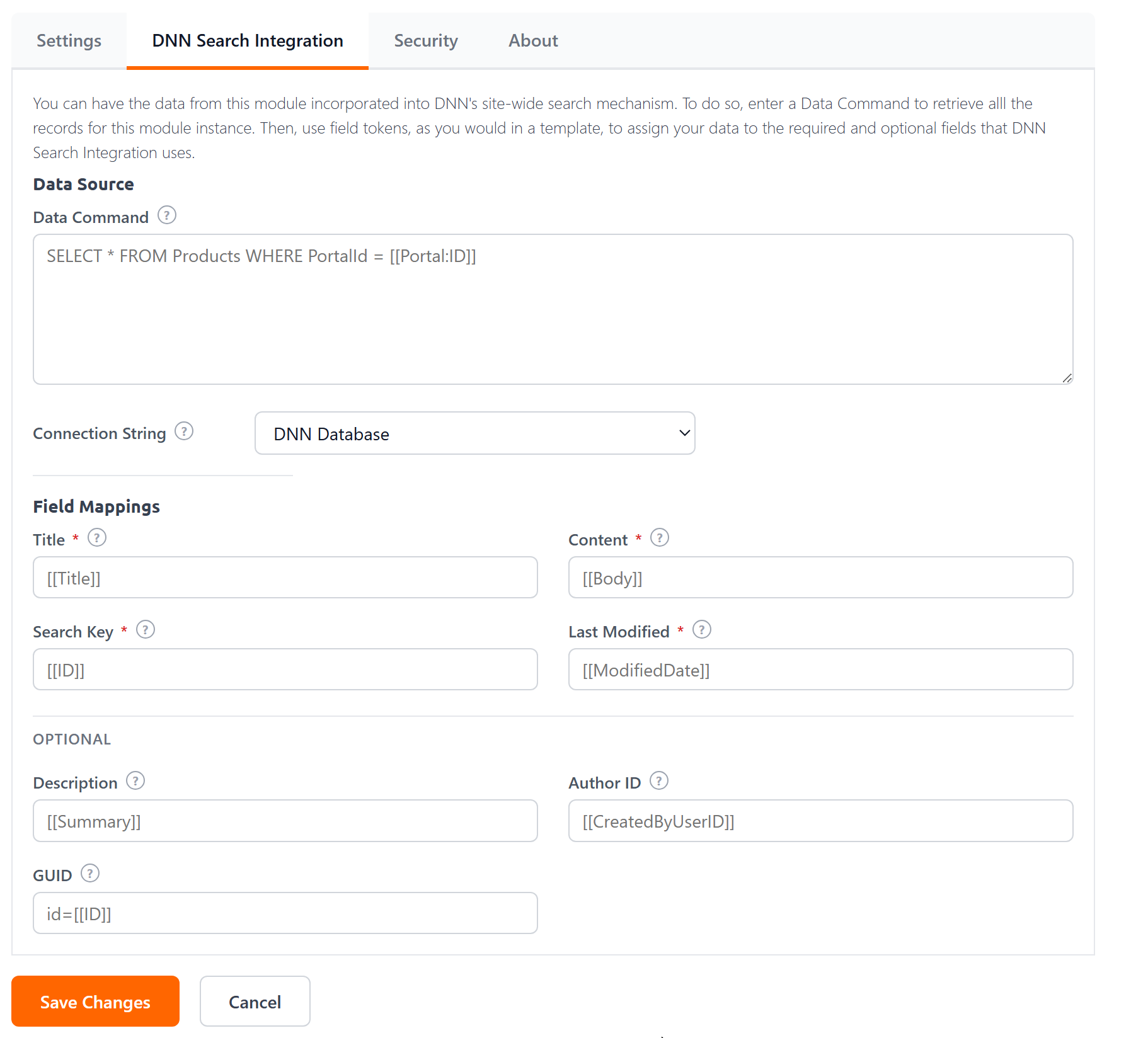 DNN Search Integration tab