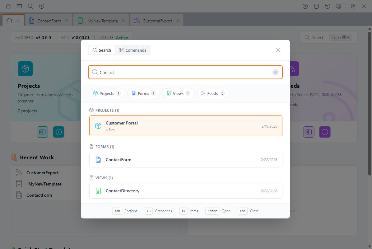 The Command Palette showing search results for 'Contact' across Projects, Forms, and Views