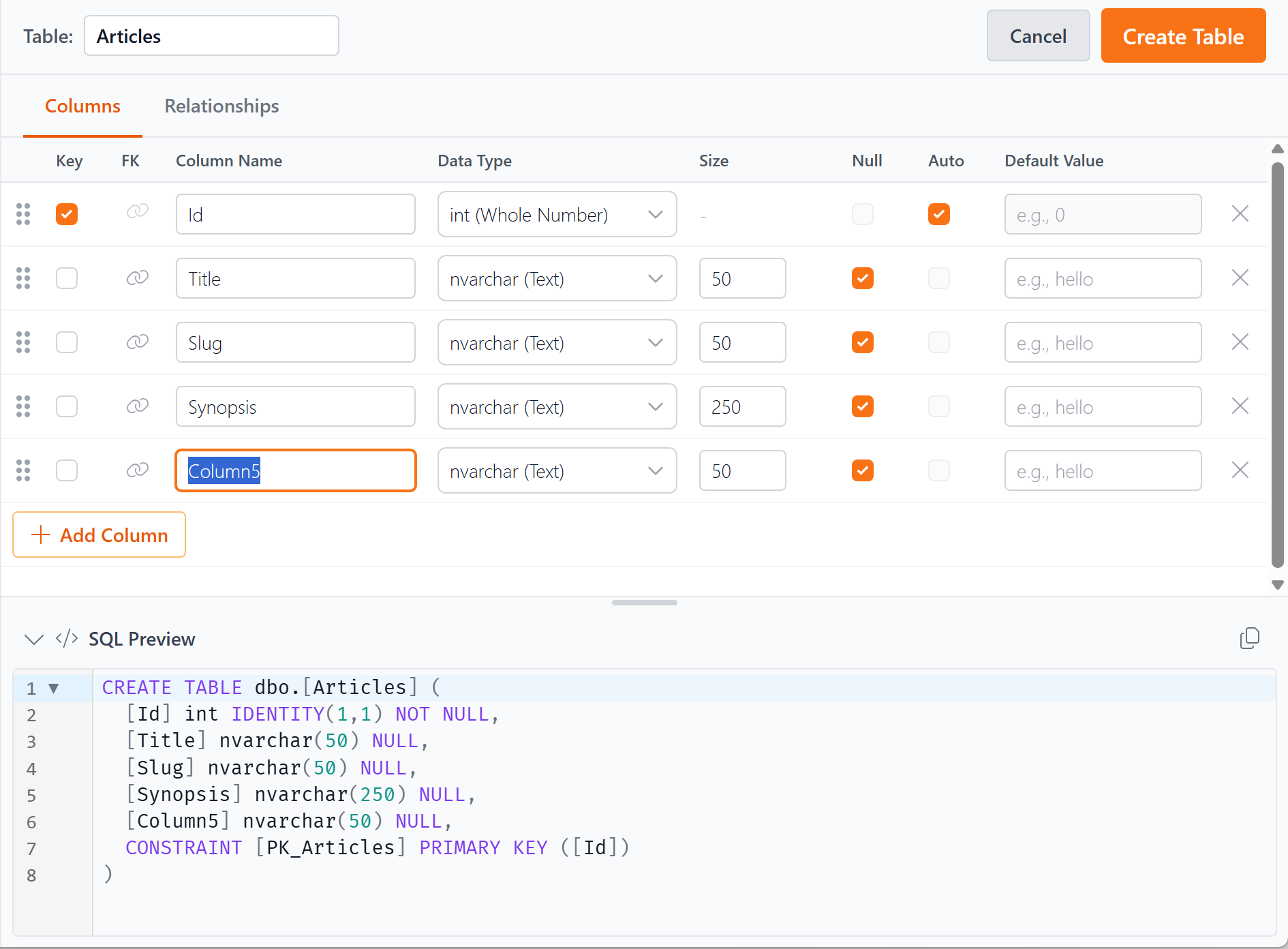 Creating a new Articles table with the SQL Preview showing the CREATE TABLE statement