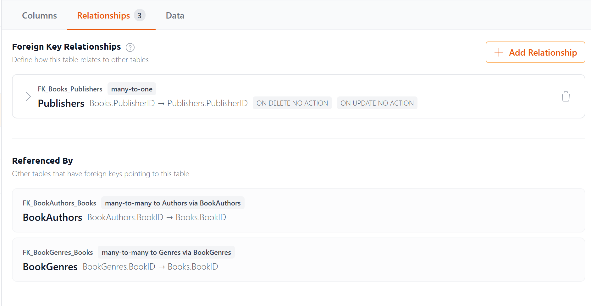 The Relationships tab showing foreign keys and incoming references