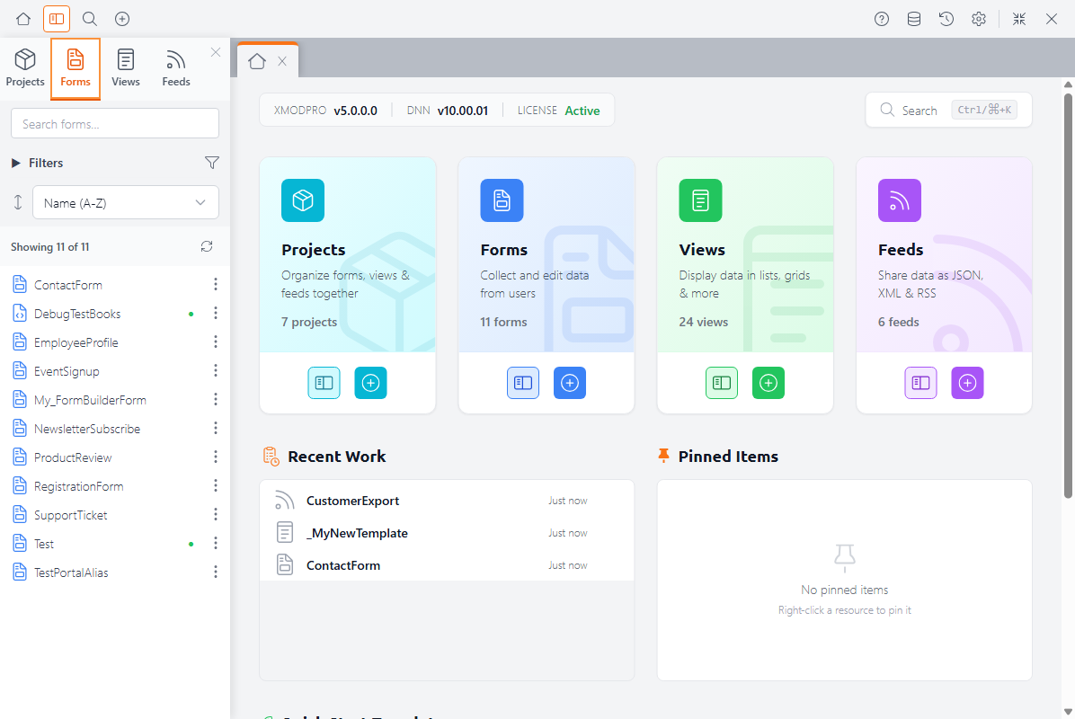 The Explorer sidebar showing the Forms tab with a list of forms, search box, and filter options