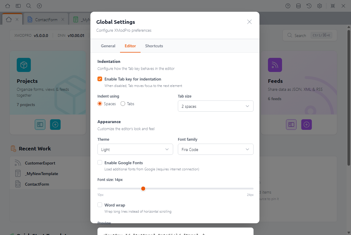 The Global Settings dialog showing the Editor tab with indentation and appearance options