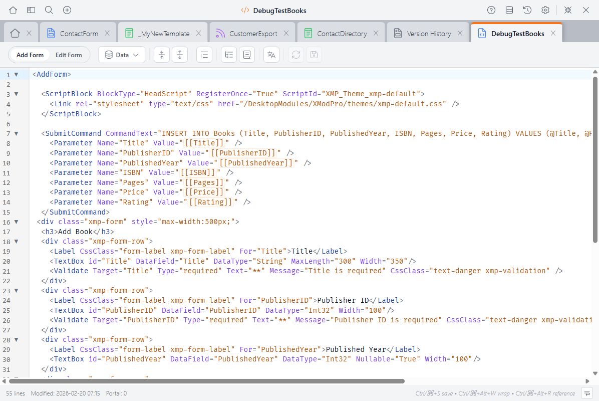 The Custom Form Editor showing a custom form with AddForm, TextBox, DropDownList, and other form controls