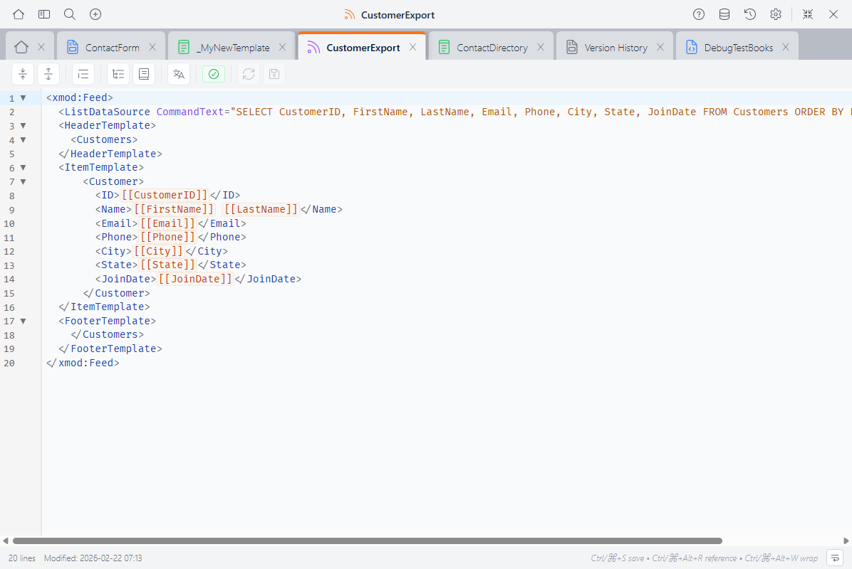 The Feed Editor showing a feed with xmod:Feed, ListDataSource, HeaderTemplate, ItemTemplate, and FooterTemplate