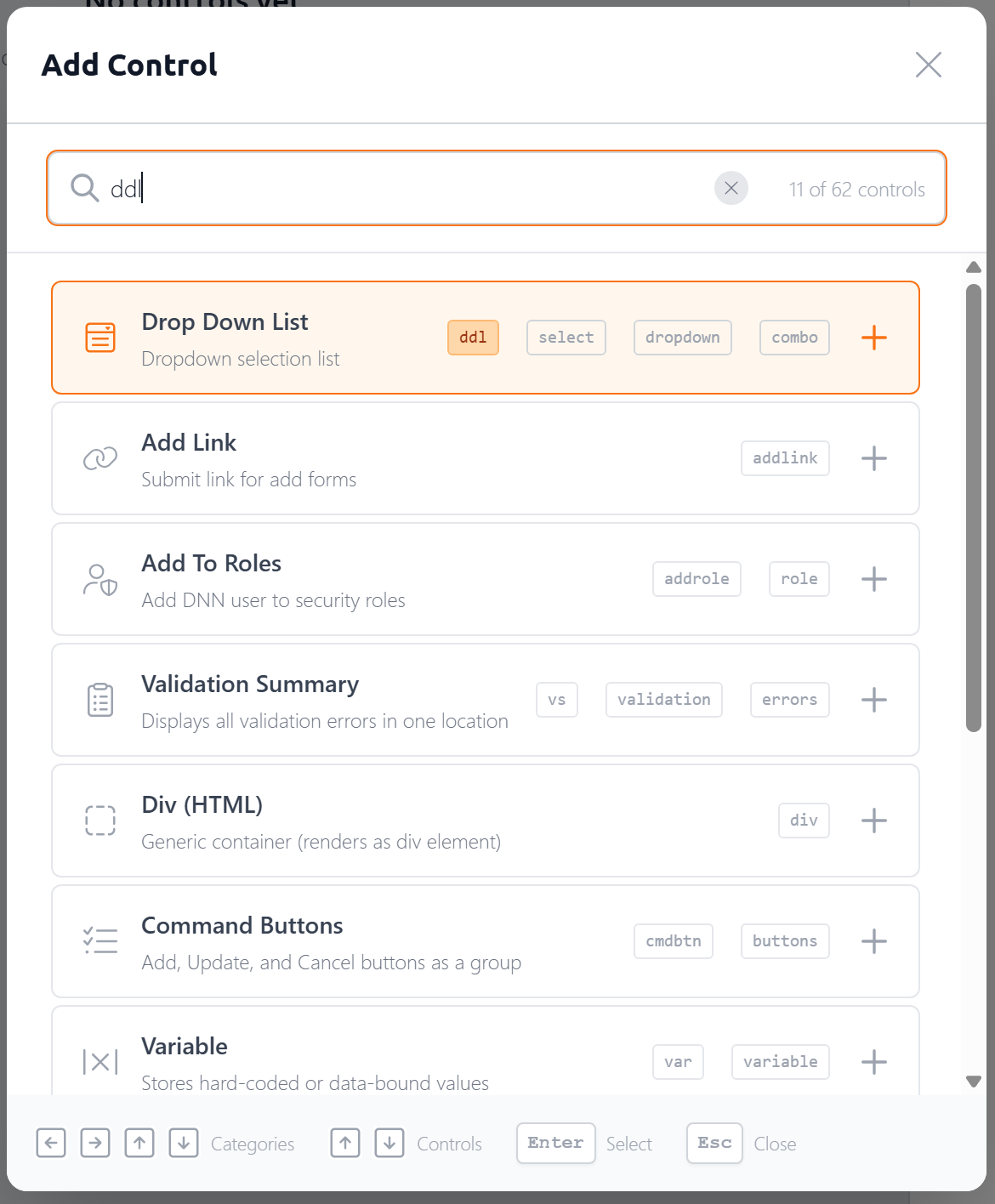 Control Palette after typing 'ddl', showing Drop Down List at the top with the 'ddl' badge highlighted