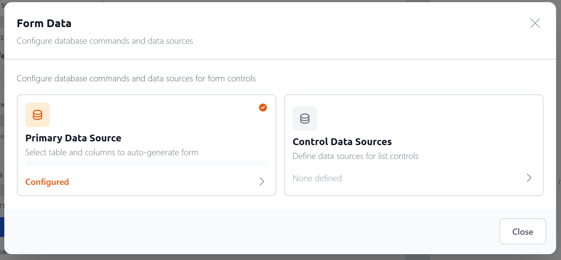 Form Data dialog showing Primary Data Source (configured) and Control Data Sources cards