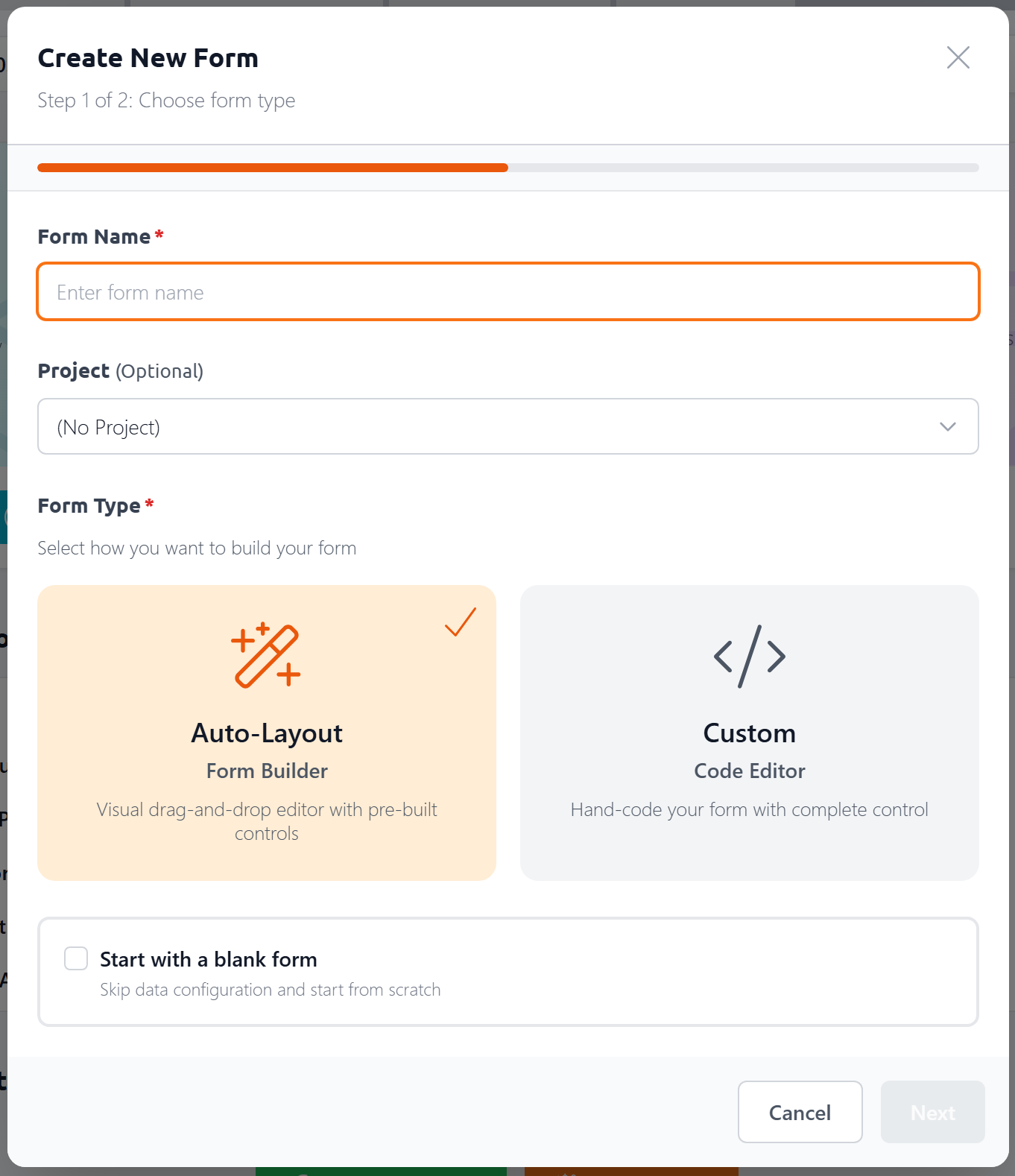 Create New Form dialog showing form name, project selection, and form type choices