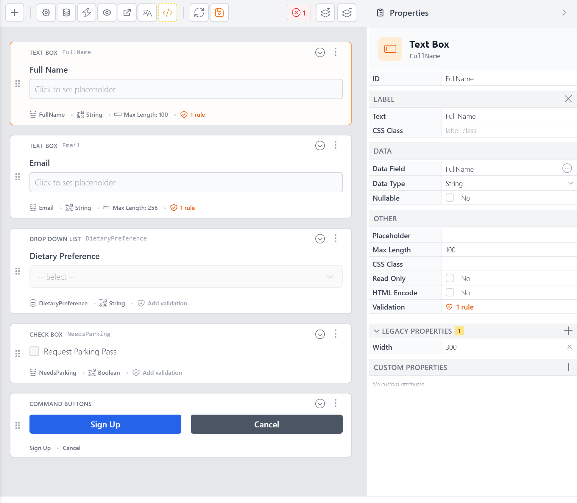 Form Builder showing the canvas with several controls and the Property Panel on the right