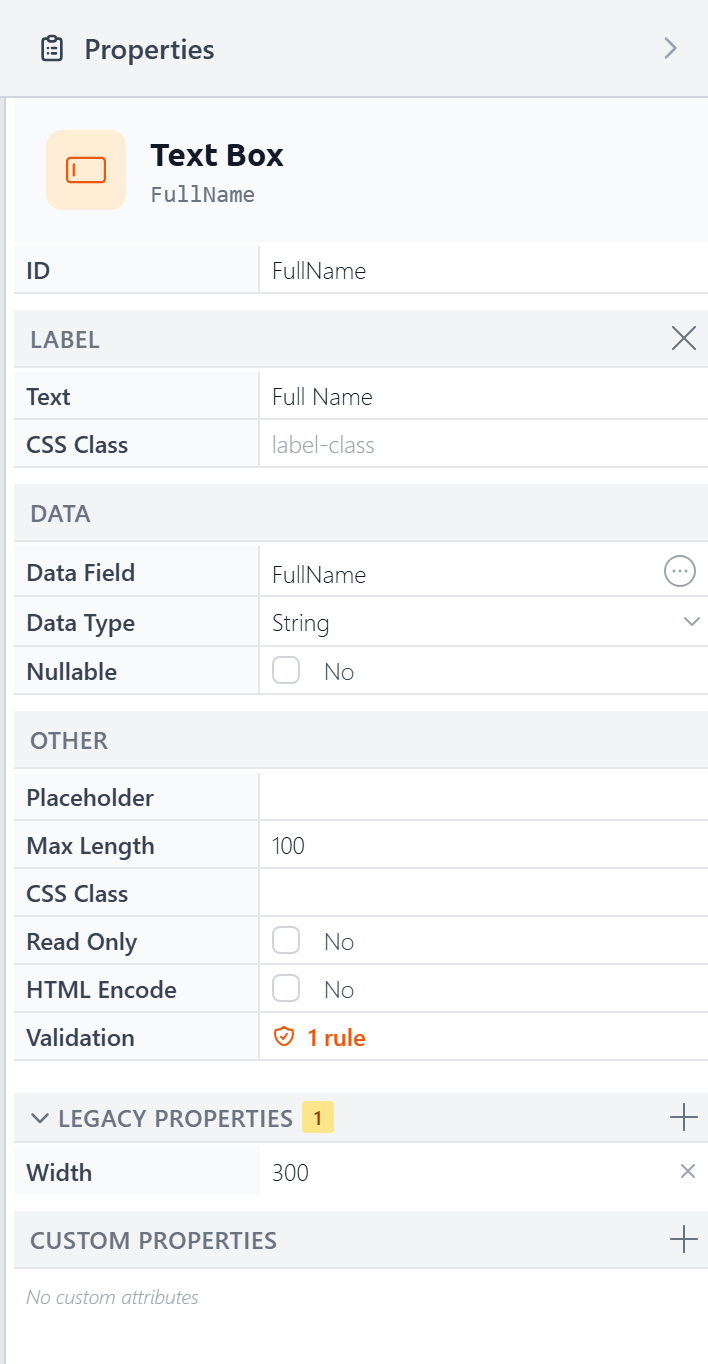 Property Panel for a TextBox showing Label, Data, Other, Legacy Properties, and Custom Properties sections