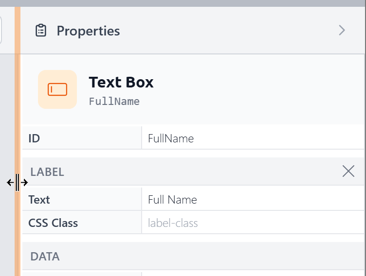 Property Panel showing the resize cursor on the left edge, with Label and Data sections visible