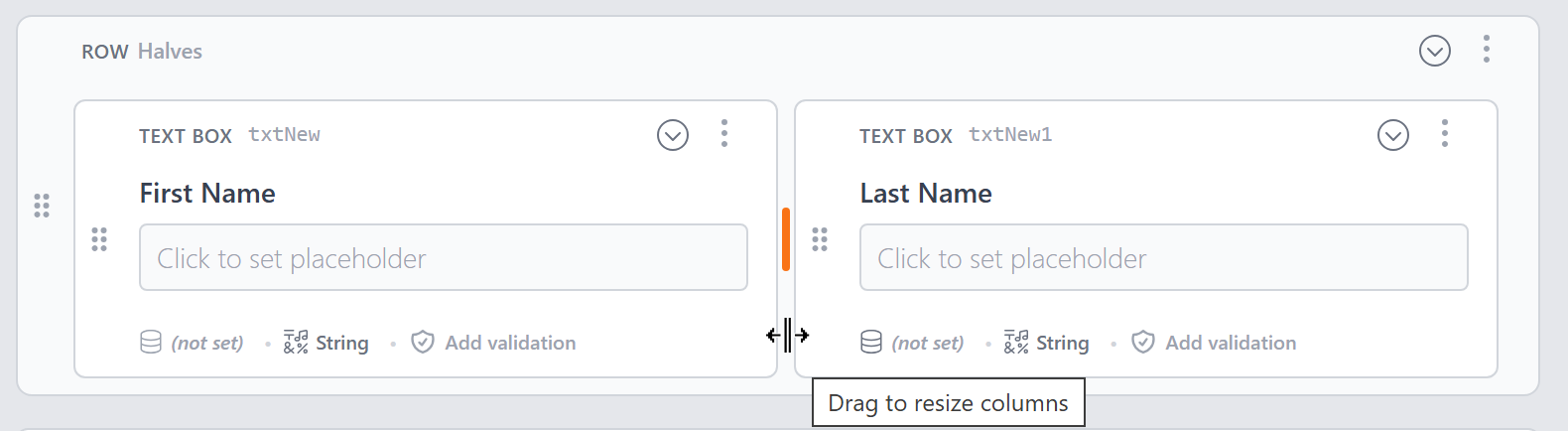 A Row container with two TextBox controls side by side, showing the drag handle to resize columns