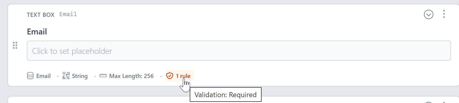 A TextBox control showing '1 rule' with a tooltip reading 'Validation: Required'