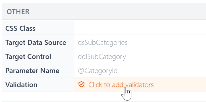 Property Panel Other section showing the 'Click to add validators' link
