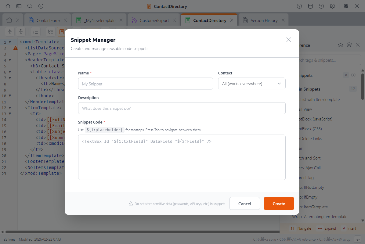 Snippet edit form showing Name, Context dropdown, Description, and Snippet Code fields with tabstop syntax example