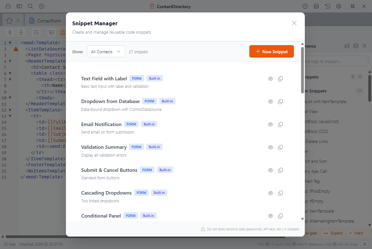 Snippet Manager dialog showing 27 snippets with context filter, New Snippet button, and built-in snippets with FORM badges and descriptions