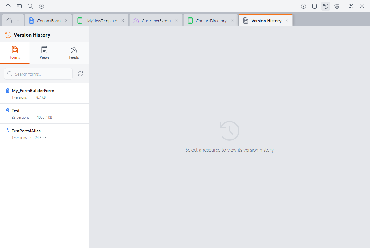 Version History showing the resource list on the left with Forms, Views, and Feeds tabs, and the timeline prompt on the right