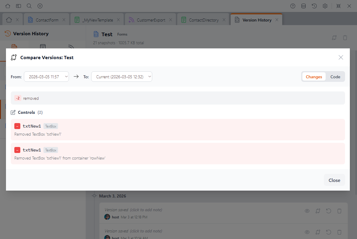 Semantic diff showing the Changes tab with version selectors, a summary badge showing 2 removed controls, and detailed removal descriptions