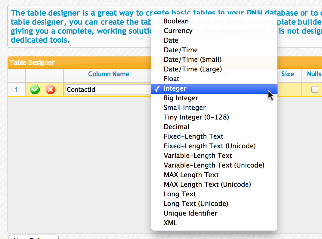 Click on dropdown list in Data Type column