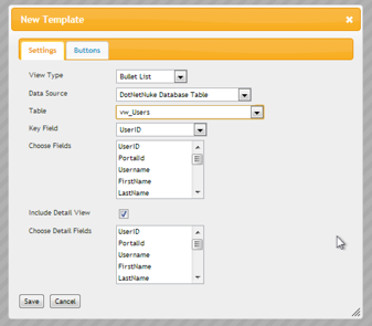 New Template Dialog with vw_Users selected